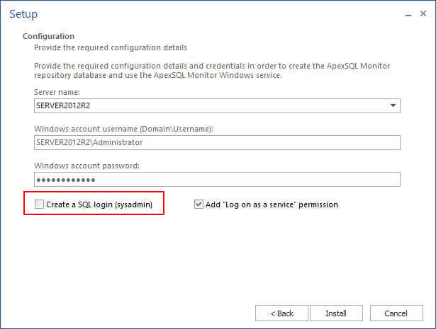 Unchecking the “Create SQL logon (sysadmin)” option in the Configuration dialog