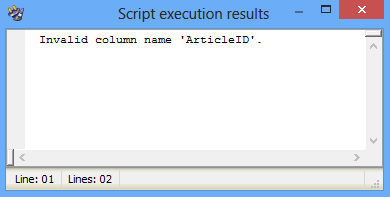 Script execution results dialog - execution failed