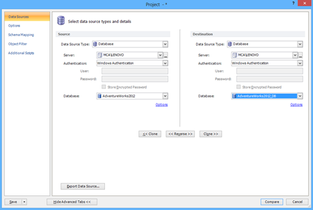 Figure illustrating that an empty database is chosen as a destination database