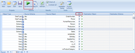 Choosing all database objects and clicking the Synchronize button