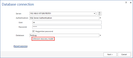 Database connection dialog in ApexSQL Log