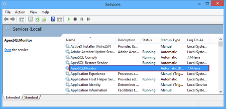 The ApexSQL Monitor service in Windows Control Panel