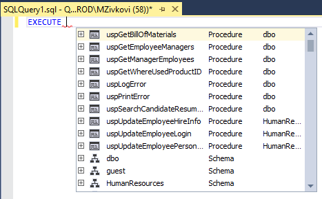 ApexSQL Complete - user defined stored procedures objects in the hint list