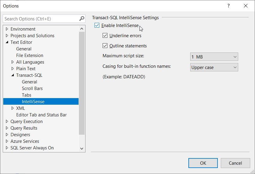 Enable IntelliSense under the Tools -> Options -> Expand Text Editor -> Expand Transact-SQL path
