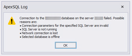 Application warning message indicating that connection to the database on the server failed and list of possible causes