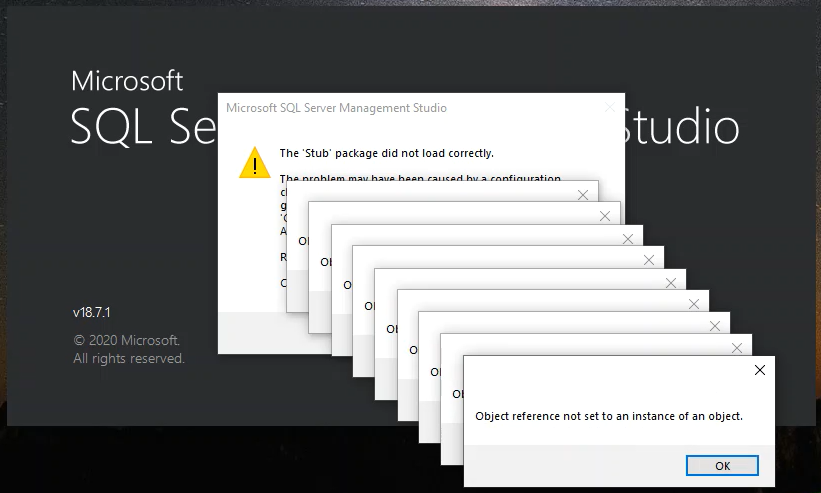 Object reference not set to an instance of an object dialog boxes on SQL Server Management Studio startup