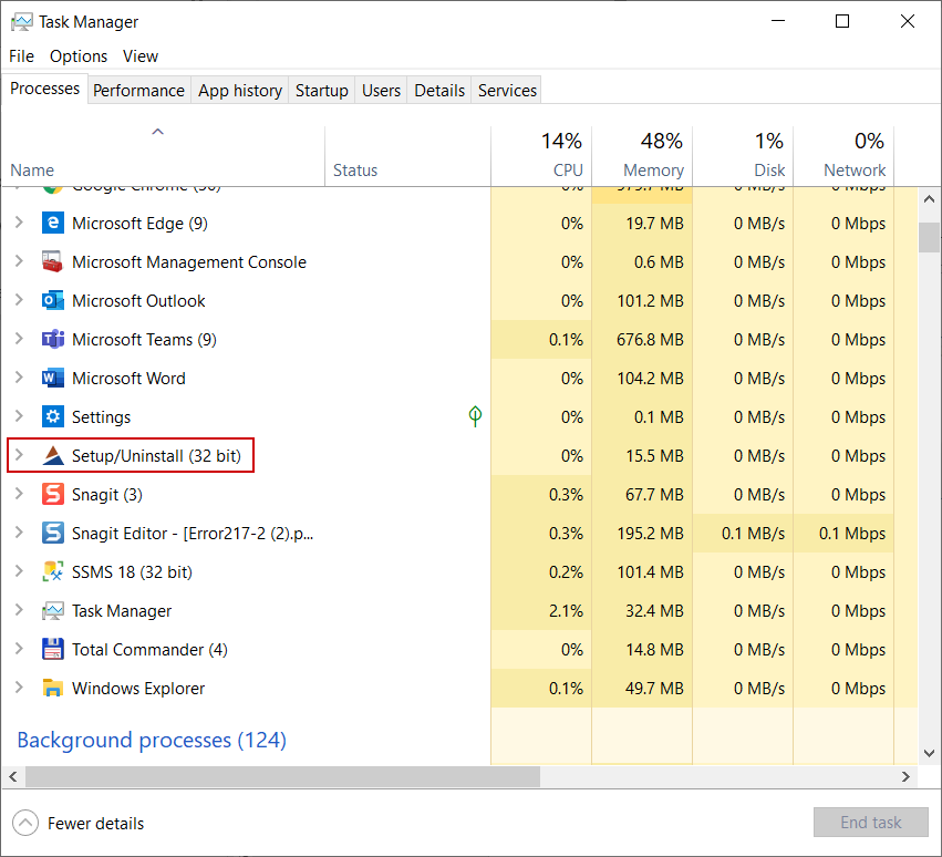 Setup process in the Task Manager